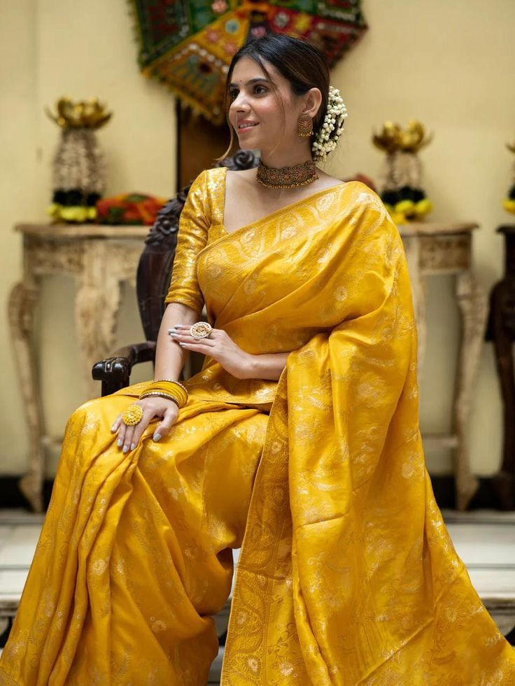 butter yellow banarasi silk saree