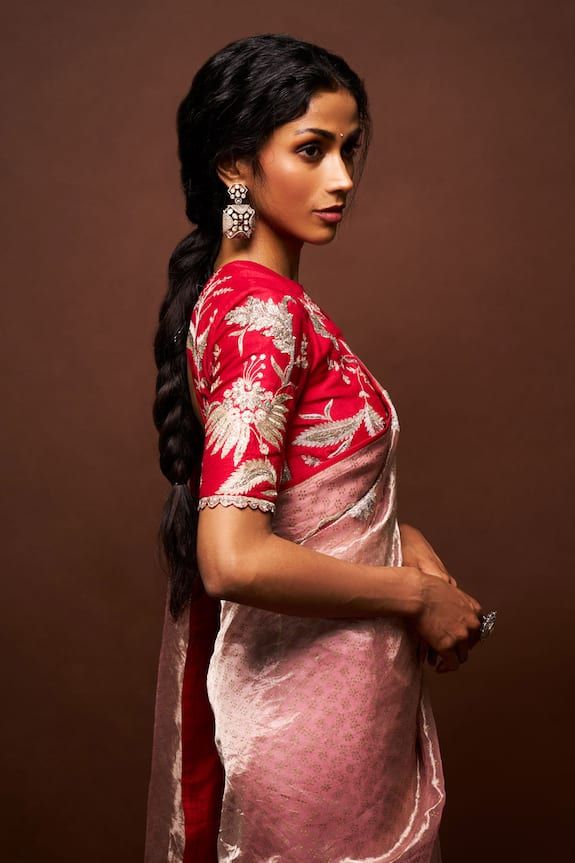 embroidered pink saree contrast blouse designs
