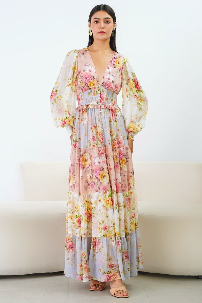 floral balloon sleeve maxi dress
