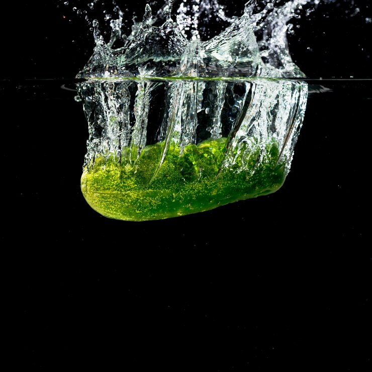 green cucumber splashing into clean water  