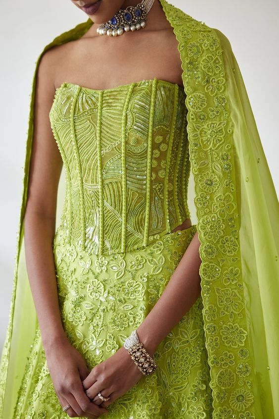 lime green strapless corset blouse design