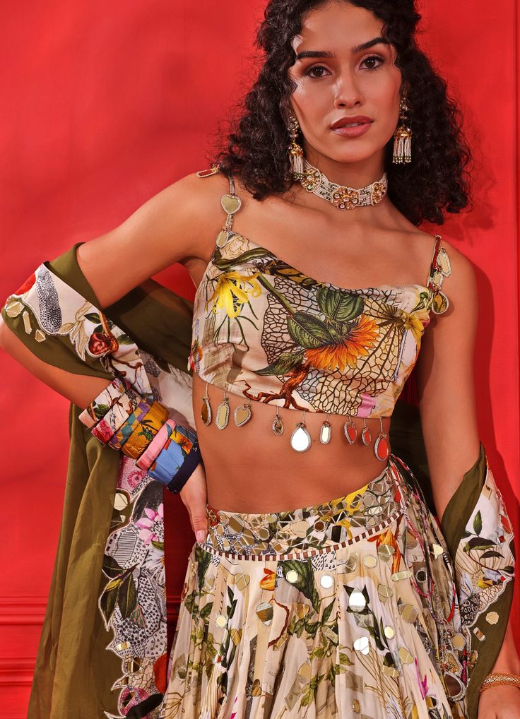 multicolour printed contrast blouse design for lehenga