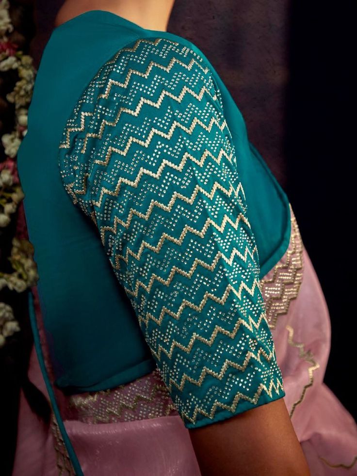 sea green contrast blouse with pink sarees