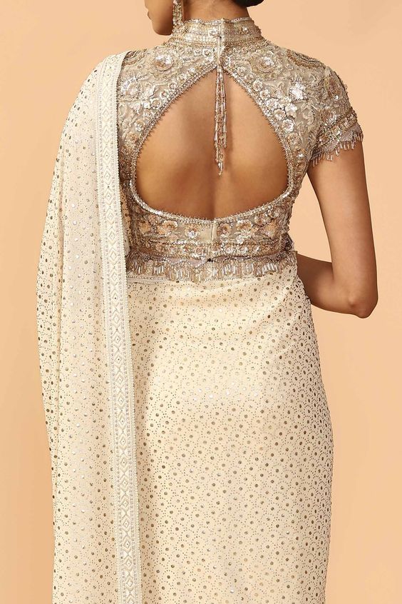 silver embroidered backless blouse design for silk saree