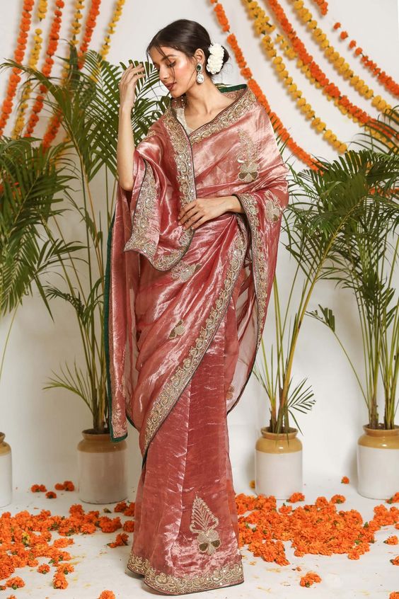 tissue silk embroidery saree