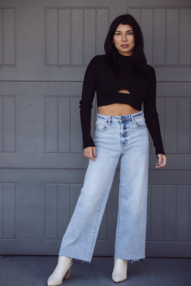 wide leg jeans with high neck crop top