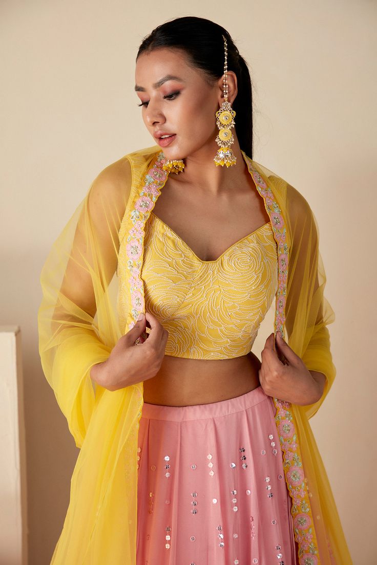 yellow threadwork contrast blouse design for lehenga