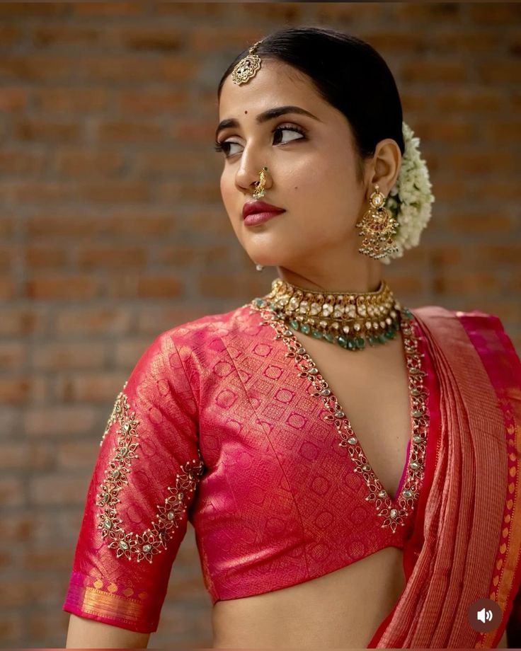 Pink Plunging Neckline Kanjivaram Saree Blouse Design