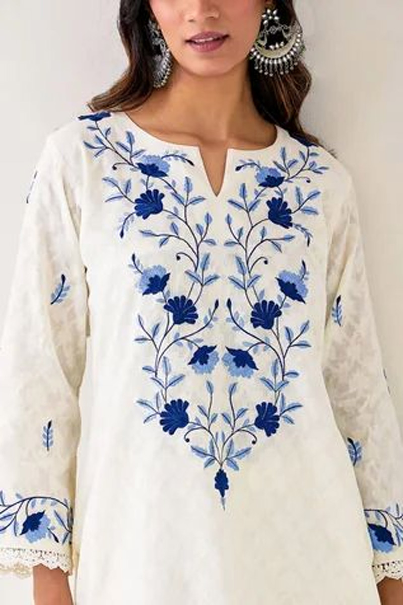 White And Blue Embroidery Kurti Design