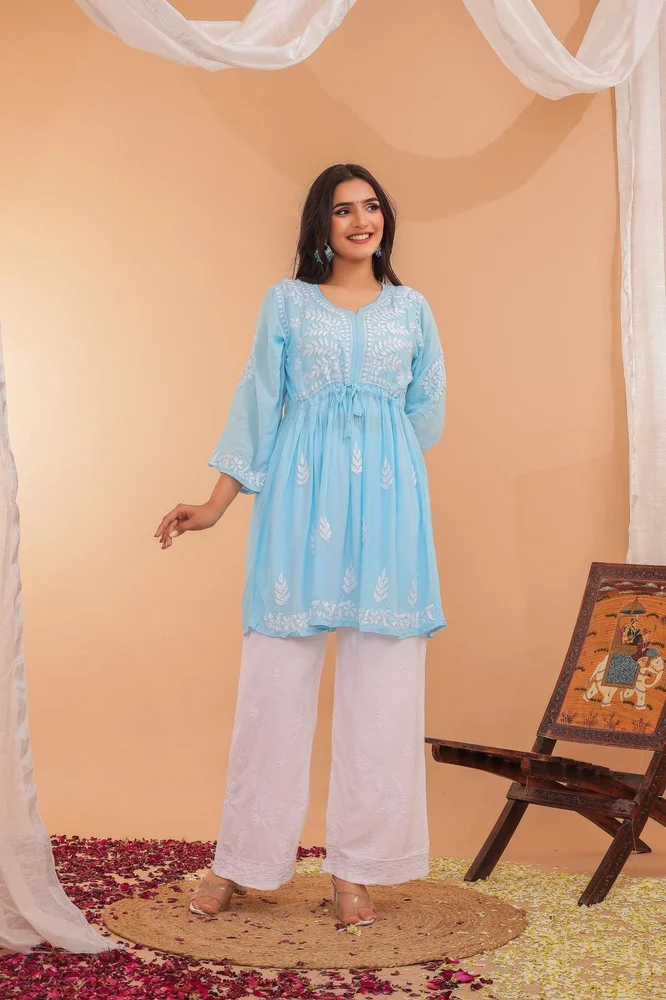 blue tie up short chikankari kurta
