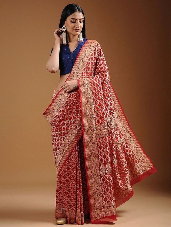 blue v cut red saree contrast blouse design