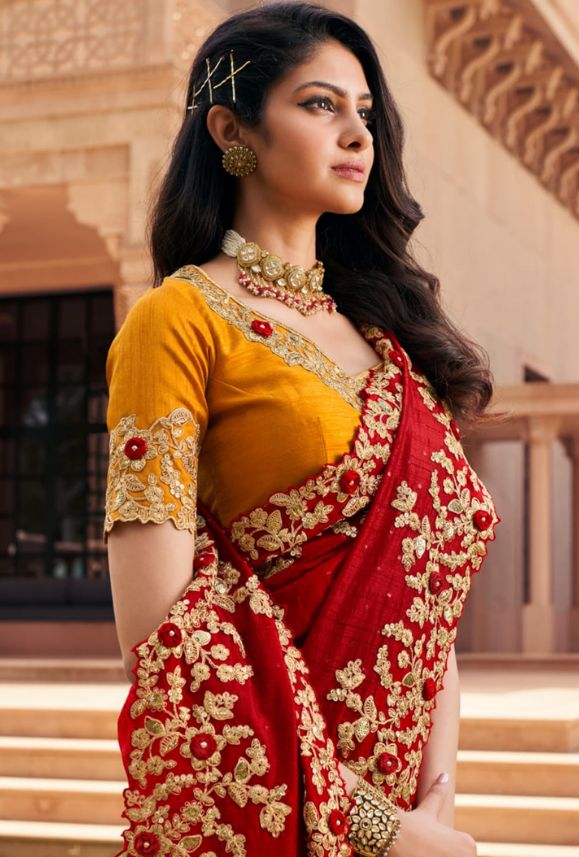 floral yellow red saree contrast blouse designs