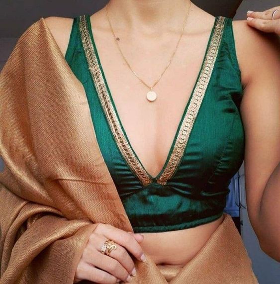 green silk v neck blouse design for silk sarees