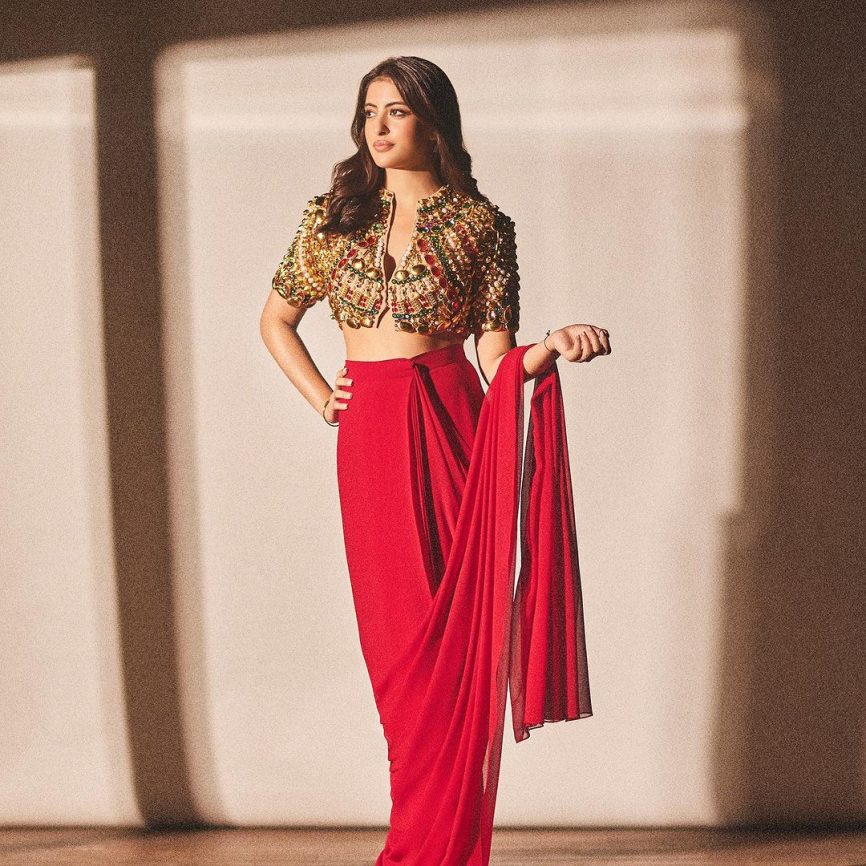 navya nanda crystal encrusted red saree contrast blouse design