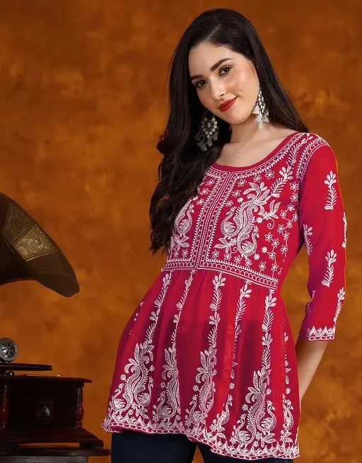 red short chikankari kurta
