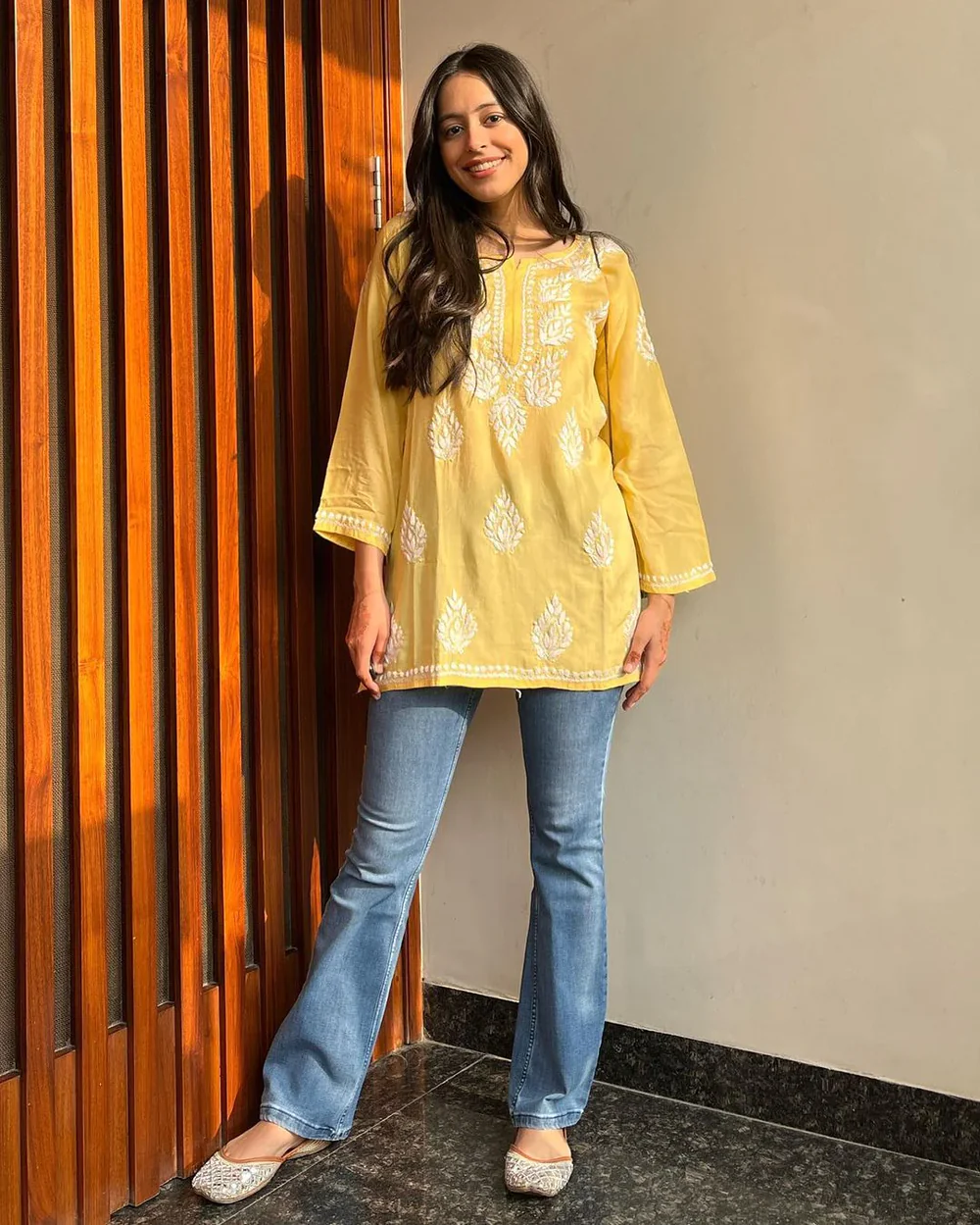 yellow chikankari short kurti