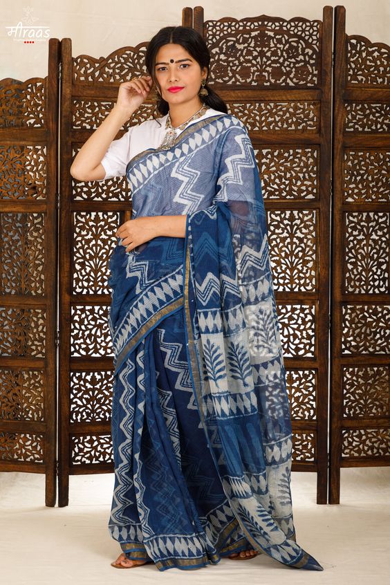 Block Printed Linen Indigo Saree Design