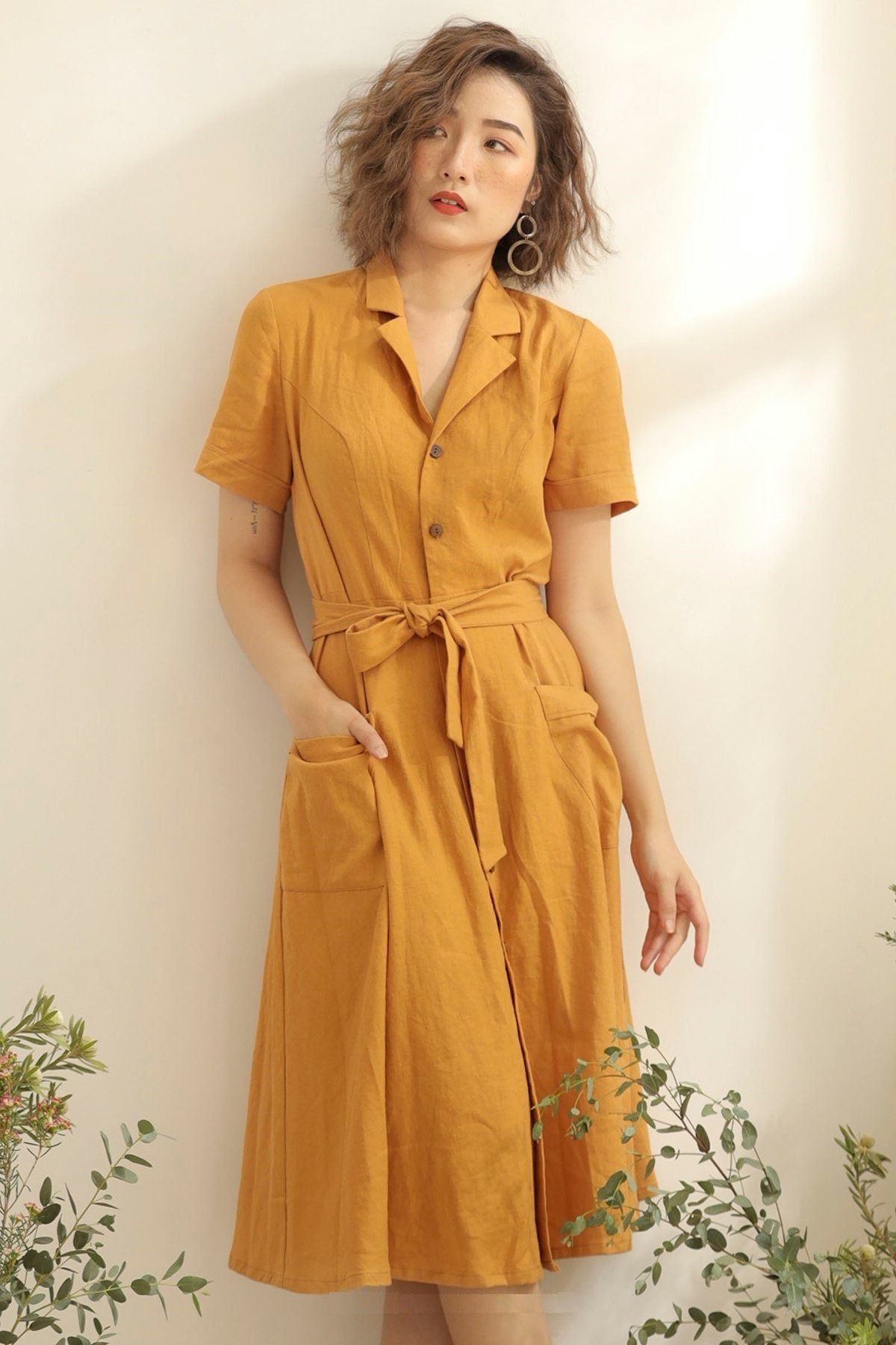 Collar Midi Linen Dress Design