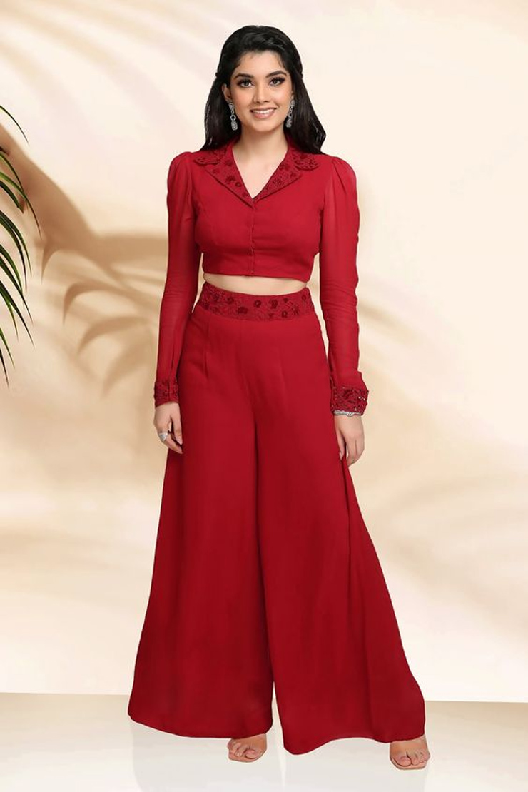 Collared Full Sleeves Velvet Blouse Design