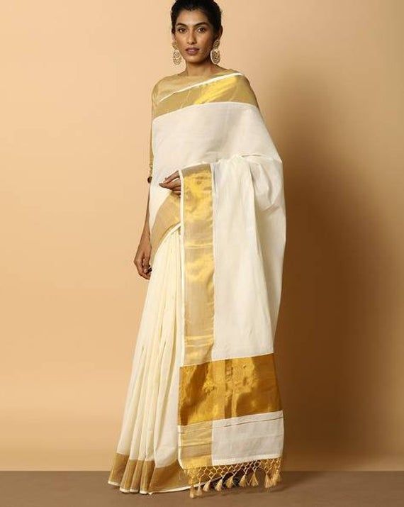 Cotton Kerala White Saree With Golden Border