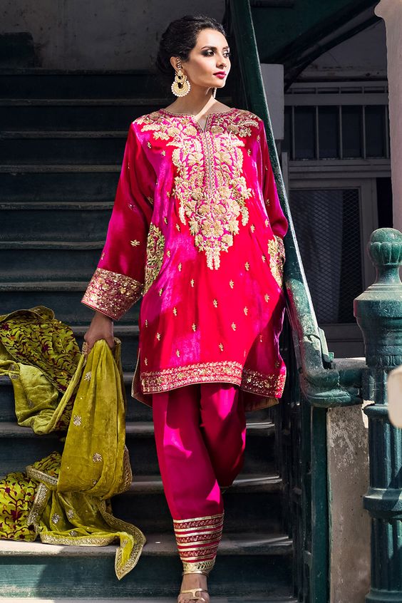 Embroidered Pink Velvet Suit With Dupatta