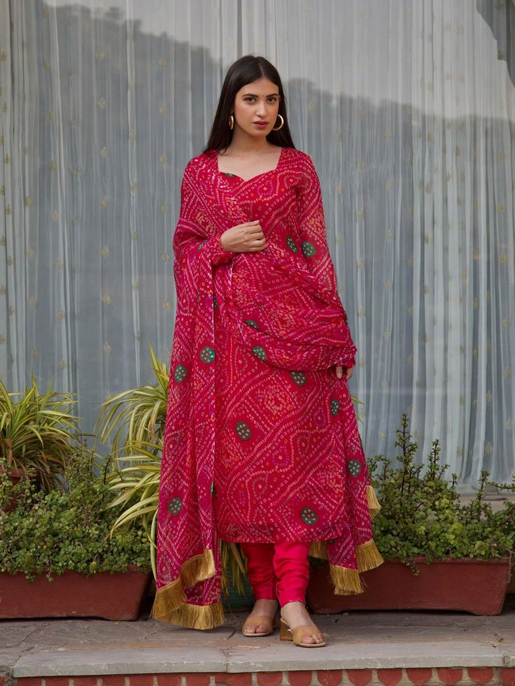 Embroidered Red Bandhani Suit Design