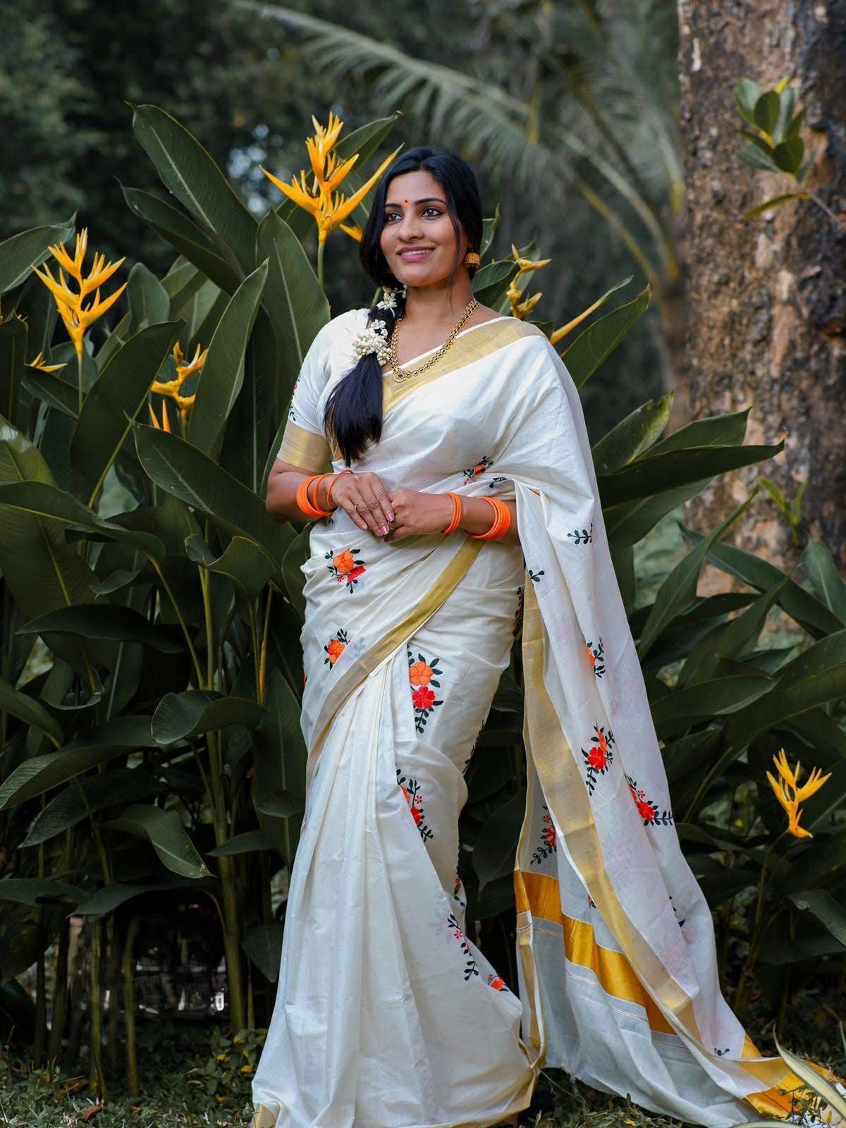 Floral Printed Cotton Kerala Saree Design
