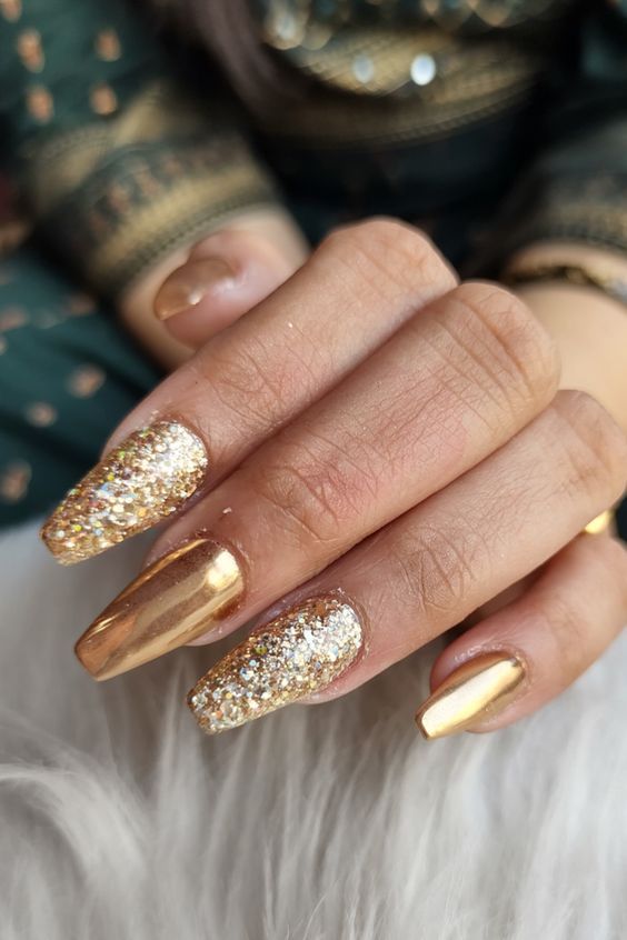 Gold Glitter Hartalika Teej Nail Art Design