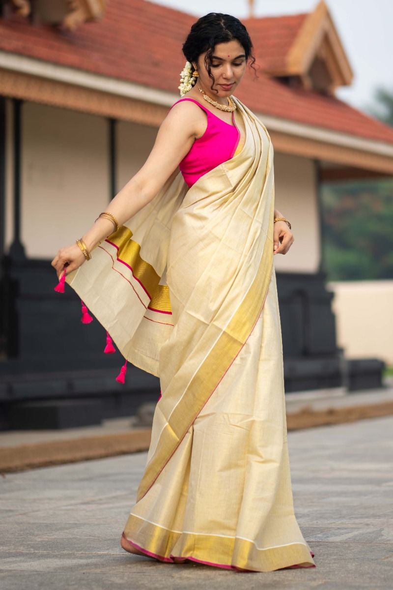 Golden Border Cotton Kerala Kasavu Saree