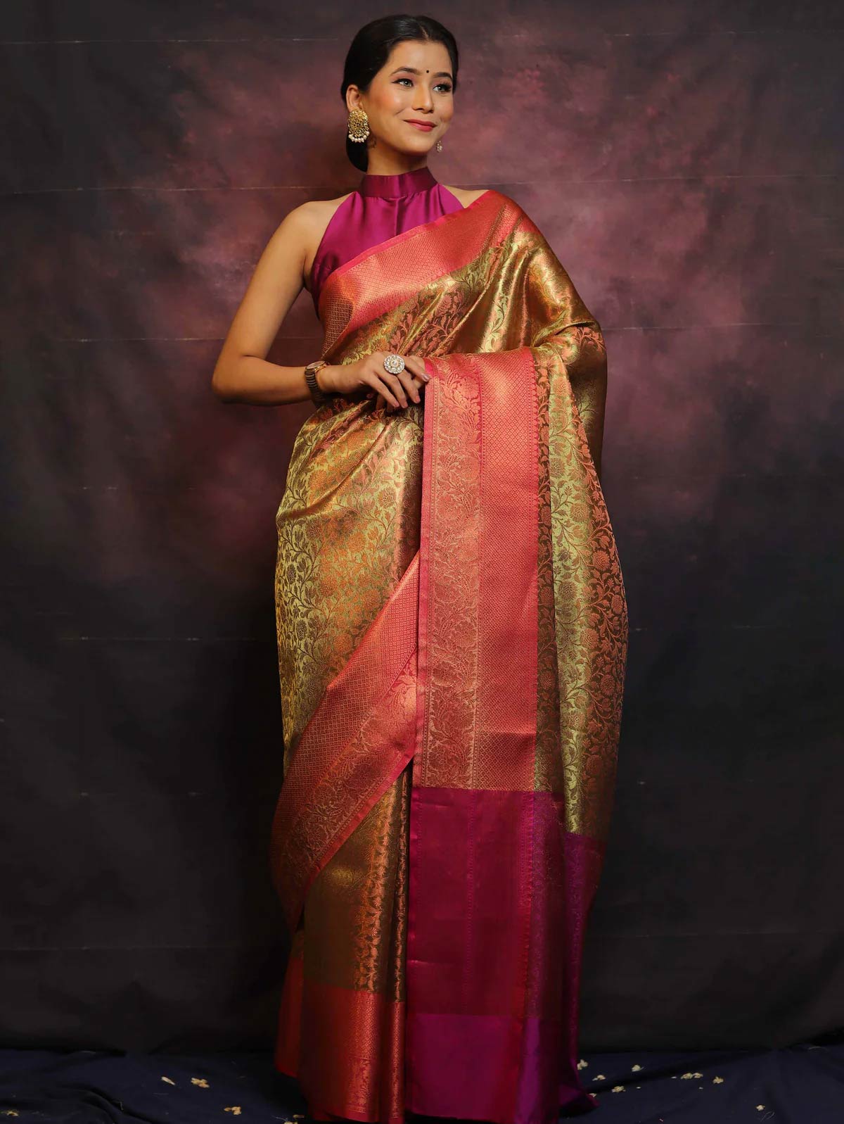 Golden red colour saree designs