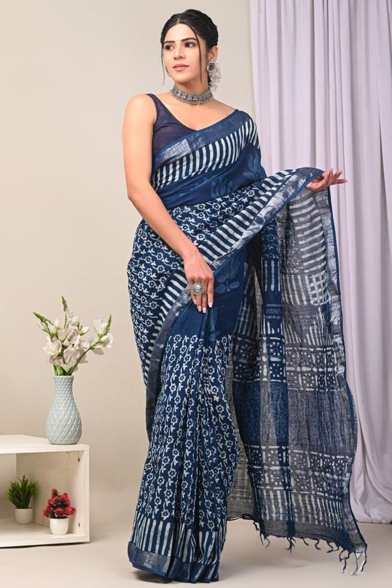 Jaipuri Indigo Linen Saree Design