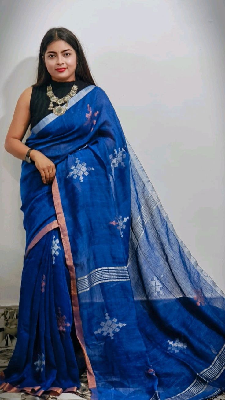 Jamdani Indigo Linen Saree Design