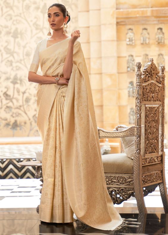 Kanjivaram Silk Beige Colour Saree For Weddings