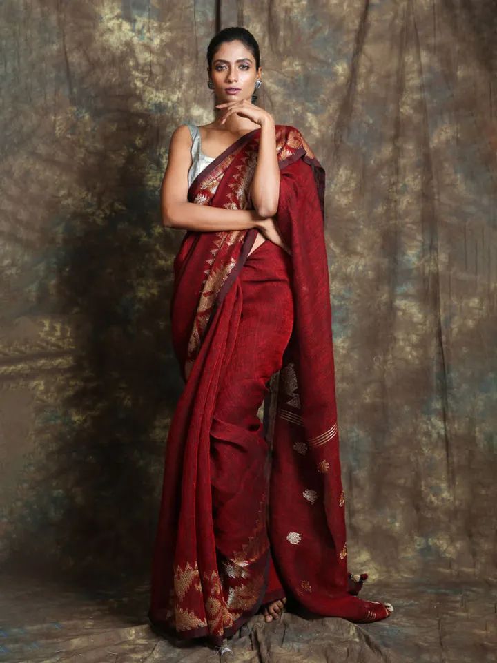 Maroon Linen Saree Design