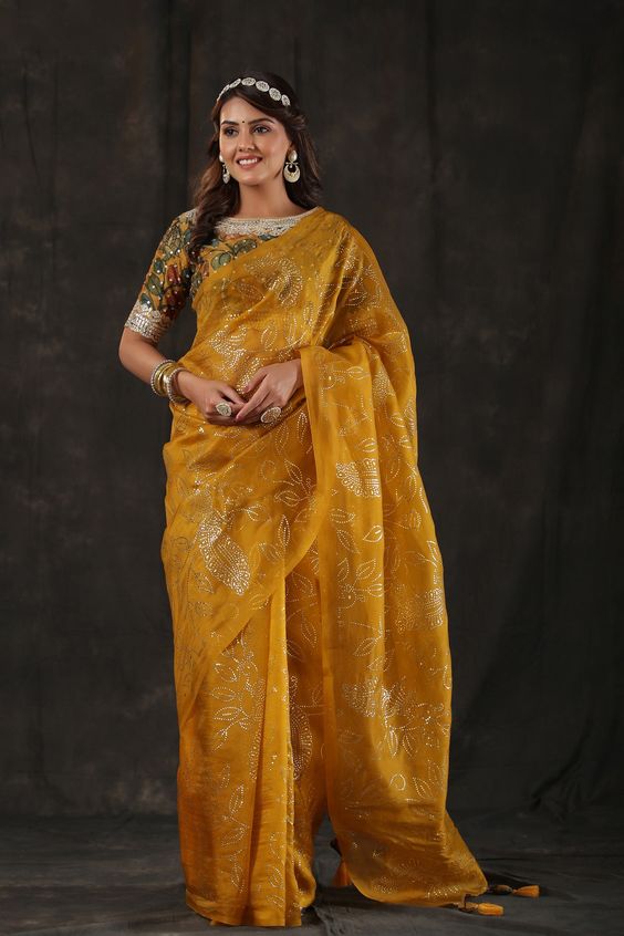 Mustard Organza Designer Kalamkari Saree Design