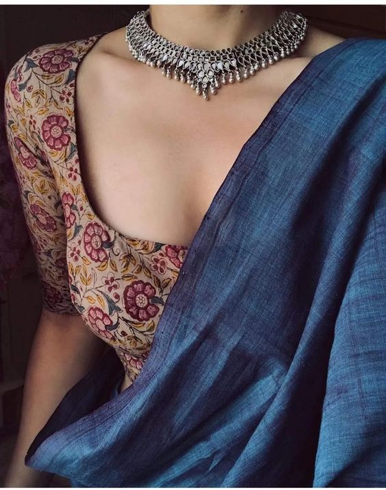 Navy Blue Cotton Silk Saree Contrast Blouse Design