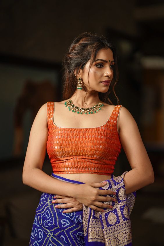 Orange Scoop Neck Pure Silk Blouse Design