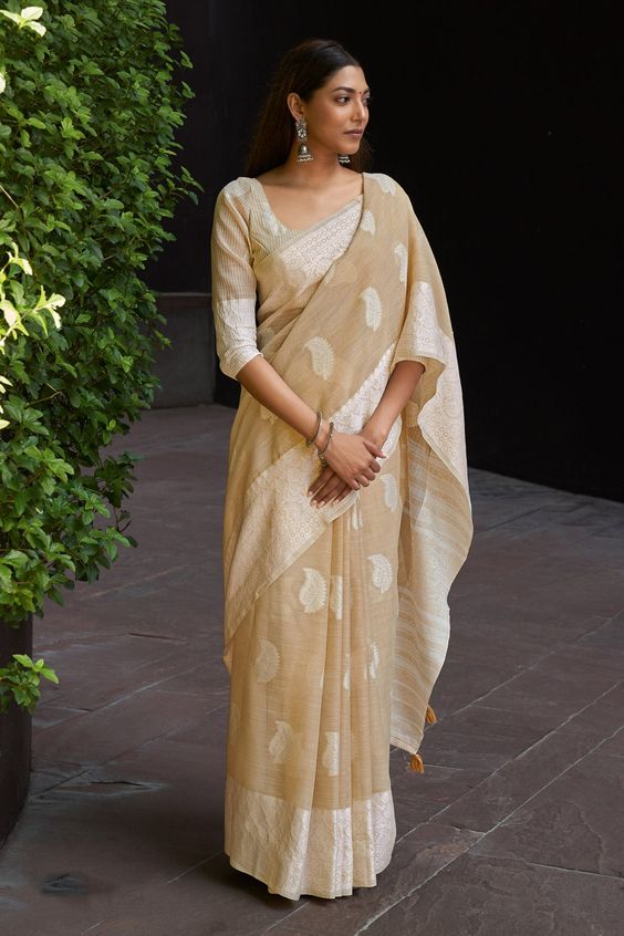 Printed Beige Colour Saree Design