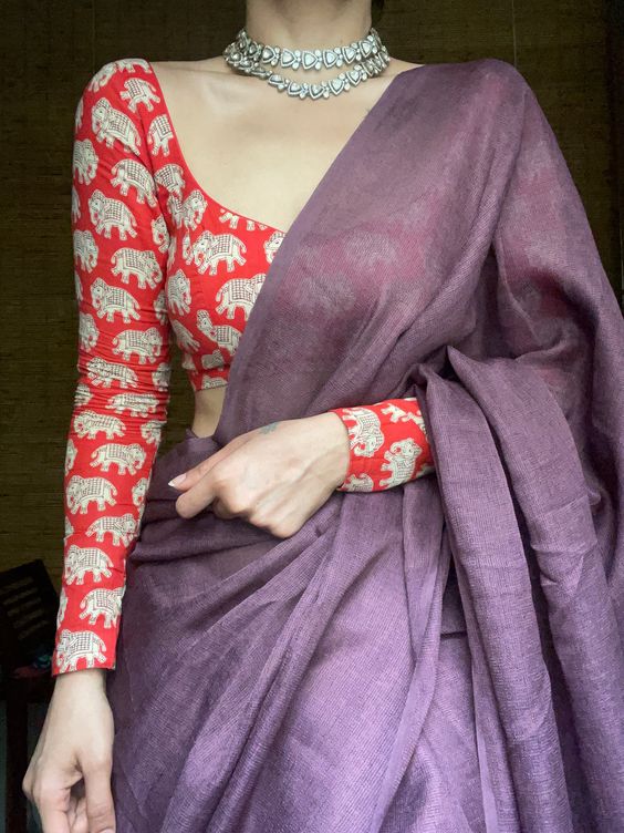 Purple Silk Cotton Saree Contrast Blouse Design