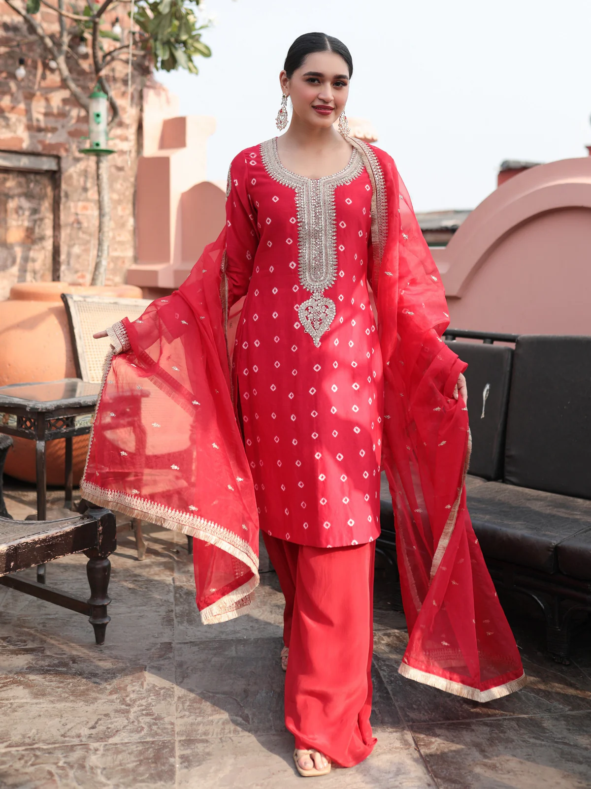 Red Organza Bandhani Suit Design