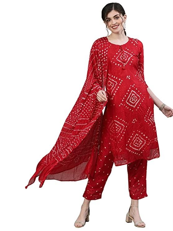 Red Silk Bandhani Suit Design