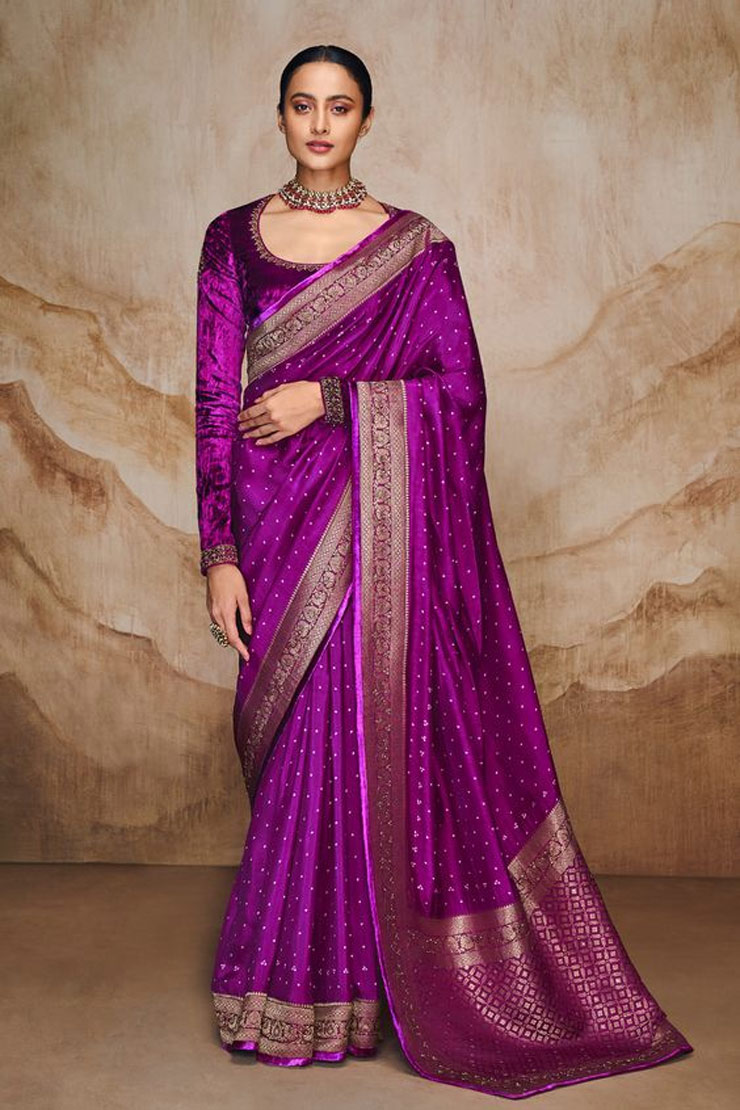 Round Neck Purple Velvet Blouse Design