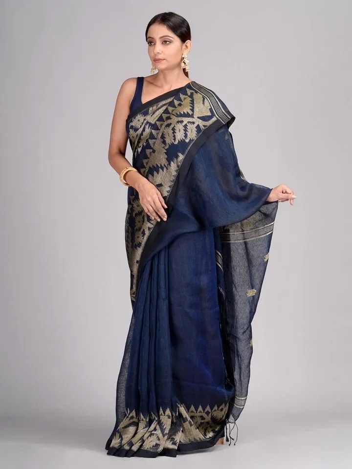 Royal Blue Linen Cotton Saree Design