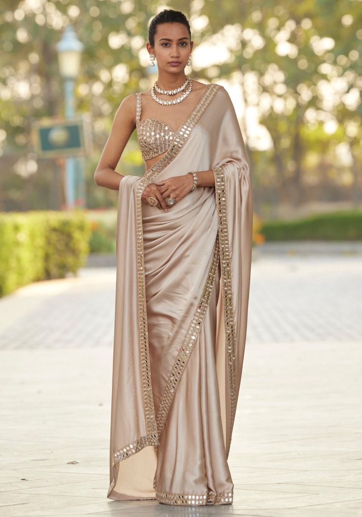 Satin Beige Colour Saree For Partywear