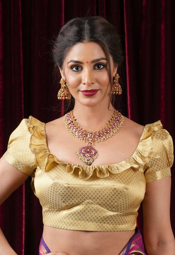 Scoop Neck Puff Sleeve Golden Blouse Design For White Saree