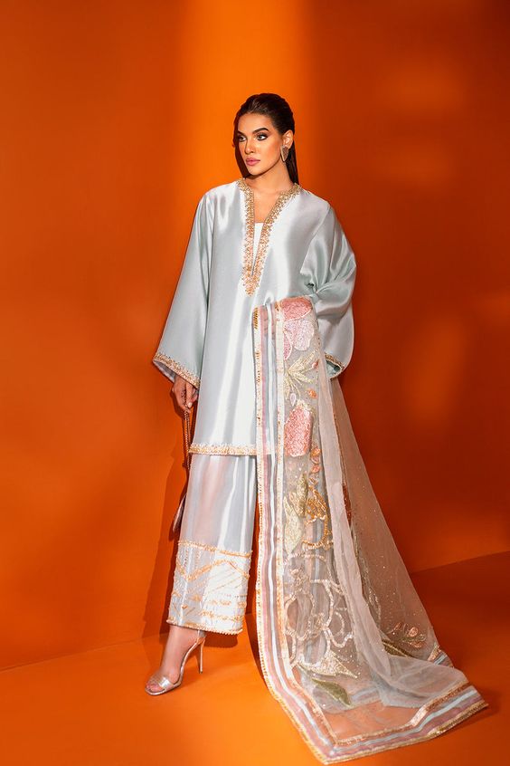 Silk Plain Suit With Floral Embroidered Organza Dupatta Design