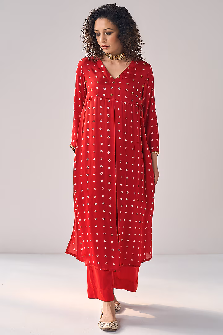 V Neck Red Satin Bandhani Suit Design