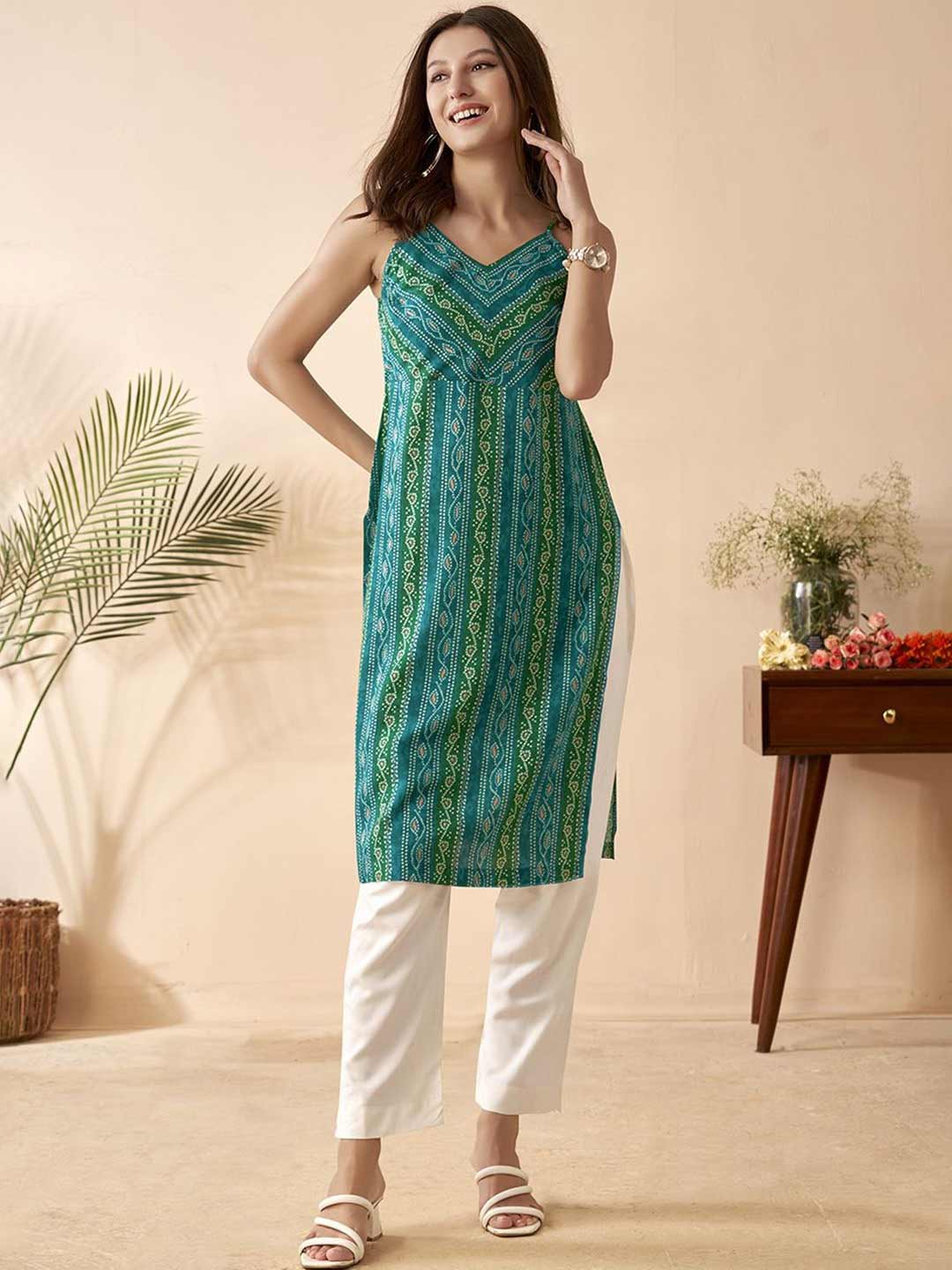 V neck sleeveless bandhani kurta