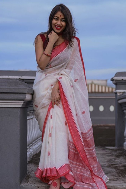 White And Red Saree Design