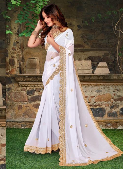 White Georgette Saree With Golden Border